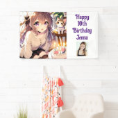  anime meisje met kitten en verjaardagstaart spandoek (Insitu)