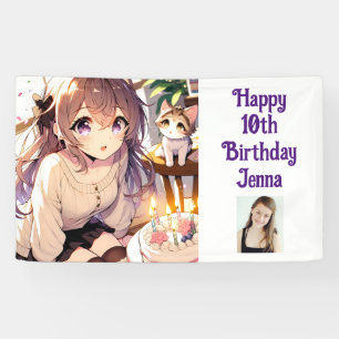anime meisje met kitten en verjaardagstaart spandoek