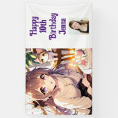  anime meisje met kitten en verjaardagstaart spandoek (Verticaal)