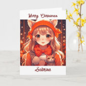 Anime Meisje met Kitten Kleurplaat Kerstmis Kaart (Gele Bloem)