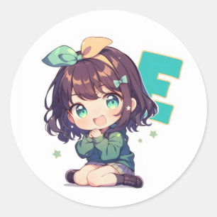 Anime meisje met letter E Schattig Ronde Sticker