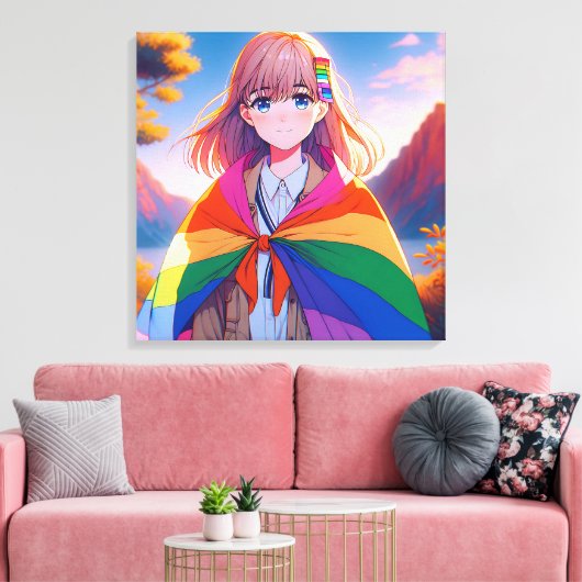 Anime meisje met LGBTQIA+ cape Canvas Afdruk (Insitu (Woonkamer))