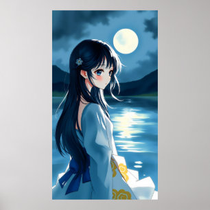 Anime meisje met maanverlichte meer en vloeibare p poster