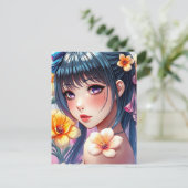  anime meisje met narcissen | Blijf in contact Briefkaart (Staand voorkant)