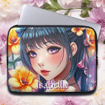 anime meisje met narcissen gepersonaliseerd laptop sleeve<br><div class="desc">Gepersonaliseerde tabletcover. Mooi meisje met paarse ogen en donker haar omgeven door gele narcissen.  bloemen en anime thema digitale AI kunst.</div>