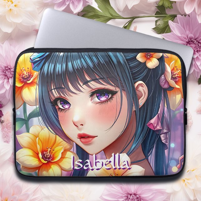  anime meisje met narcissen gepersonaliseerd laptop sleeve (Creator heeft geüpload)