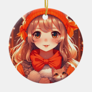 Anime meisje met oranje katje Kerstmis Keramisch Ornament