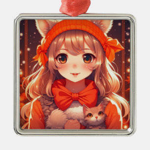 Anime meisje met oranje katje Kerstmis Metalen Ornament