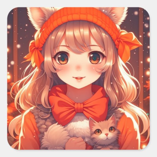 Anime Meisje met Oranje Kitten Kerstmis Vierkante Sticker (Voorkant)