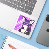 Anime Meisje met Paarse Haar en Ogen Sticker (Laptop met iPhone)