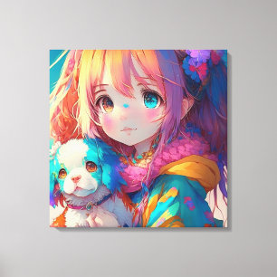 Anime Meisje met Puppy Canvas Afdruk