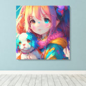 Anime Meisje met Puppy Canvas Afdruk (Insitu (Houten vloer))