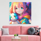 Anime Meisje met Puppy Canvas Afdruk (Insitu (Woonkamer))