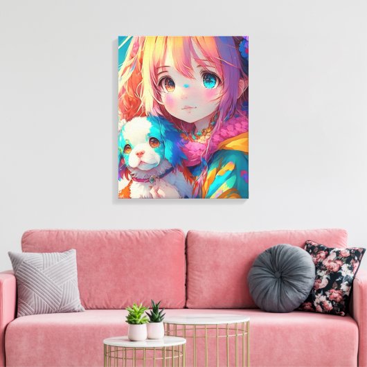 Anime Meisje met Puppy Canvas Afdruk (Insitu (Woonkamer))