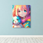 Anime Meisje met Puppy Canvas Afdruk (Insitu (Houten vloer))