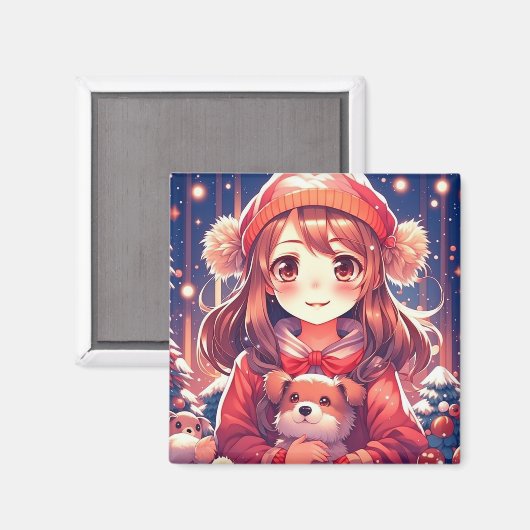  Anime Meisje met Puppy en Oor Muffs Magneet (Voorkant / Achterkant)