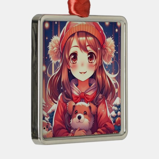 Anime Meisje met Puppy en Oor Muffs Metalen Ornament (Rechts)