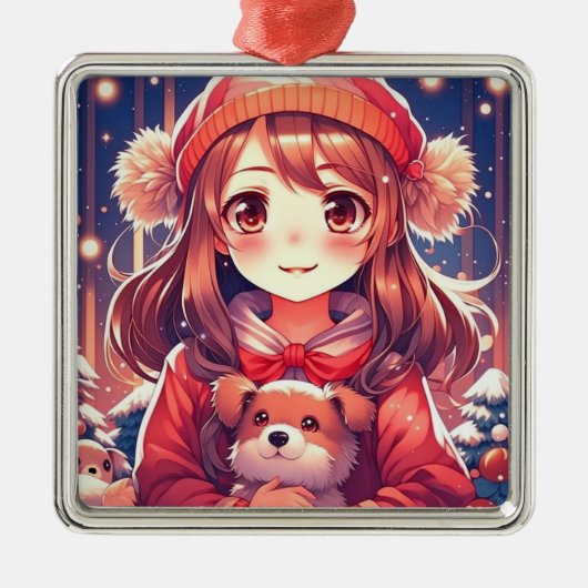 Anime Meisje met Puppy en Oor Muffs Metalen Ornament (Voorkant)