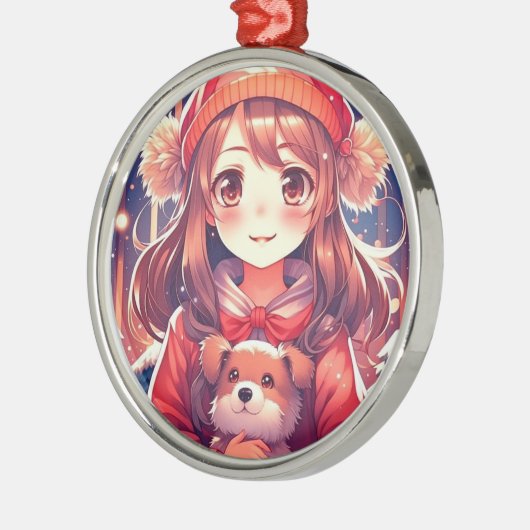  Anime Meisje met Puppy en Oor Muffs Metalen Ornament (Links)