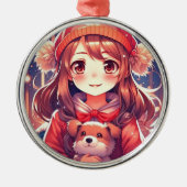  Anime Meisje met Puppy en Oor Muffs Metalen Ornament (Voorkant)