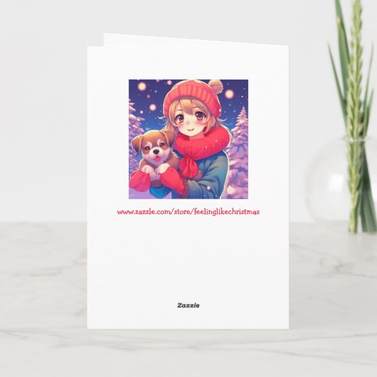 Anime Meisje met Puppy Gepersonaliseerde Kerstmis Feestdagen Kaart (Achterkant)