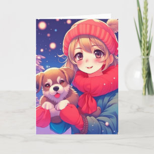 Anime Meisje met Puppy Gepersonaliseerde Kerstmis Feestdagen Kaart