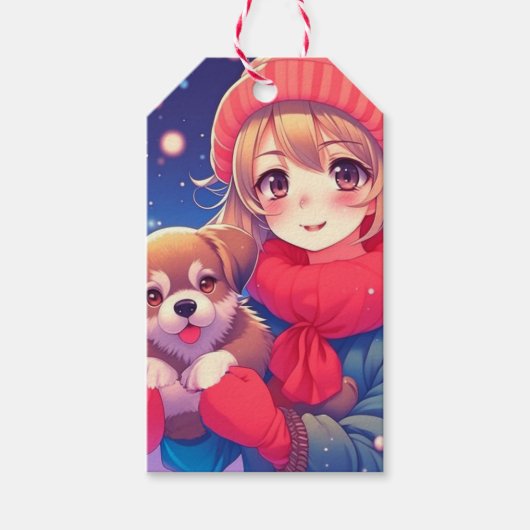 Anime Meisje met Puppy Kerstmis Cadeaulabel (Voorkant)
