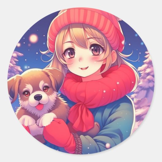 Anime Meisje met Puppy Kerstmis Ronde Sticker (Voorkant)