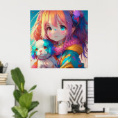 Anime meisje met puppy poster (Thuiskantoor)