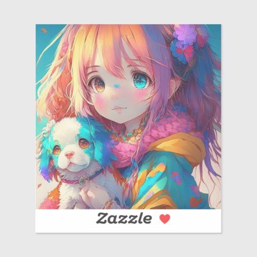 Anime Meisje met Puppy Sticker (Vel)