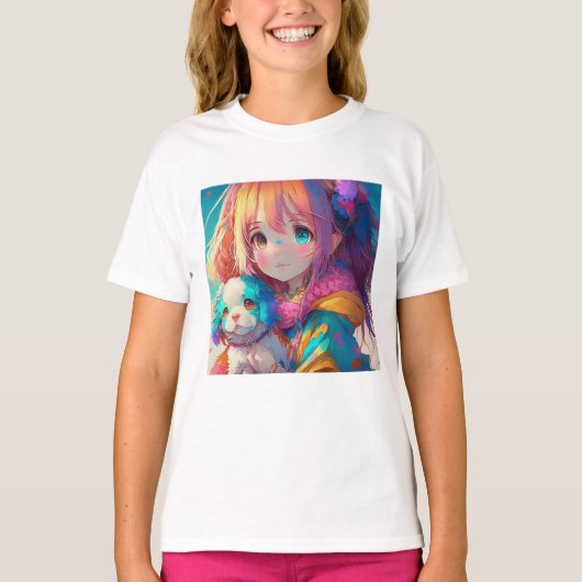 Anime Meisje met Puppy T-shirt (Voorkant)