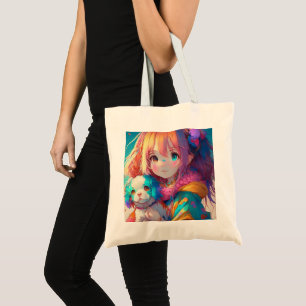 Anime meisje met puppy tote bag