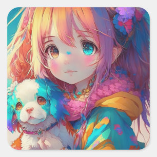 Anime Meisje met Puppy Vierkante Sticker