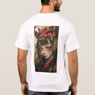 Anime Meisje met Rood Goud Oni Mask T-Shirt