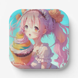 Anime Meisje met Verjaardags Cupcake Fantasie Papieren Bordje