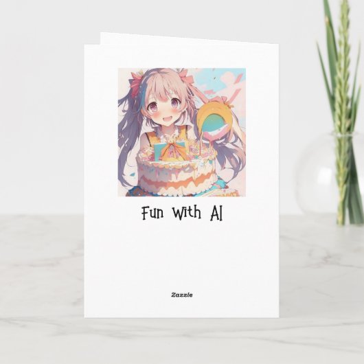 Anime meisje met verjaardagstaart en kleurplaat kaart (Achterkant)