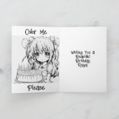 Anime meisje met verjaardagstaart en kleurplaat kaart (Binnen)