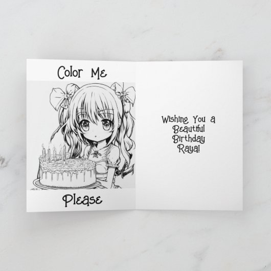 Anime meisje met verjaardagstaart en kleurplaat kaart (Binnen)