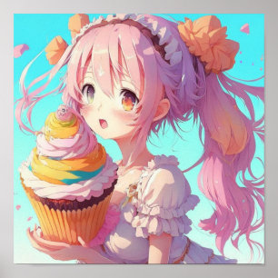 Anime Meisje met Whimsical Cupcake Poster