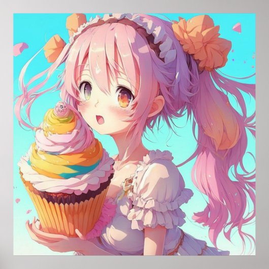 Anime Meisje met Whimsical Cupcake Poster (Voorkant)