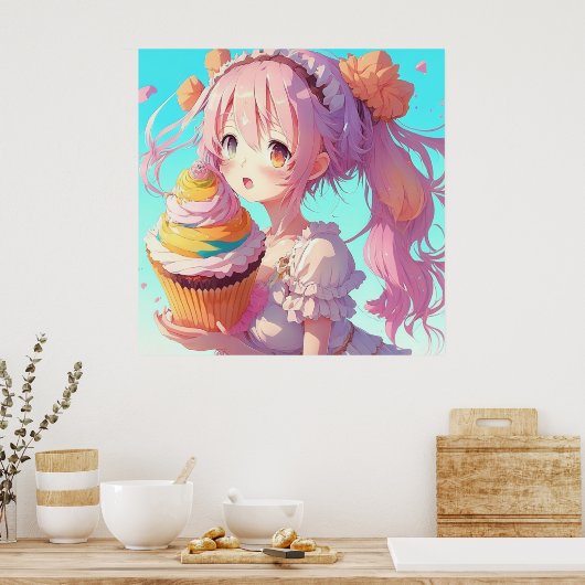 Anime Meisje met Whimsical Cupcake Poster (Keuken)