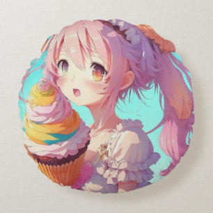 Anime Meisje met Whimsical Cupcake Rond Kussen