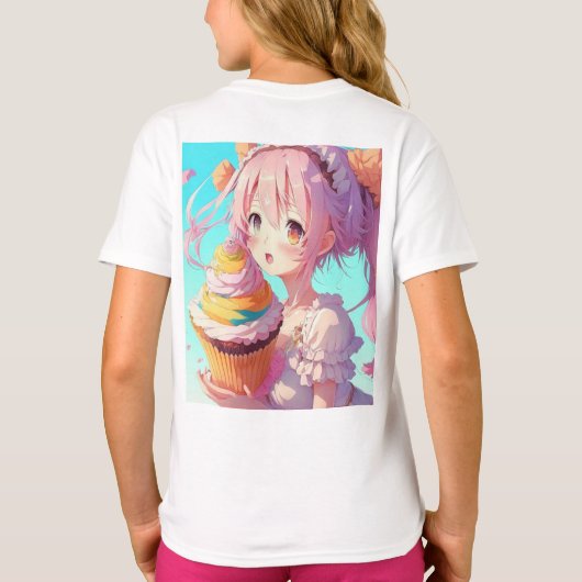 Anime Meisje met Whimsical Cupcake T-shirt (Achterkant)