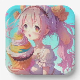 Anime Meisje met Whimsical Cupcake Verjaardag Papieren Bordje