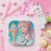 Anime Meisje met Whimsical Ice Cream Cone Verjaard Papieren Bordje (Feest)