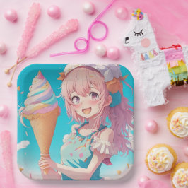 Anime Meisje met Whimsical Ice Cream Cone Verjaard Papieren Bordje