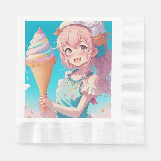 Anime Meisje met Whimsical Ice Cream Cone Verjaard Servet (Voorkant)