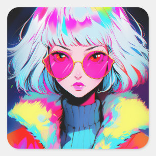 Anime meisje moderne kleurrijke kunst vierkante sticker