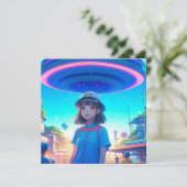 Anime meisje onder een UFO in de stad (Staand voorkant)
