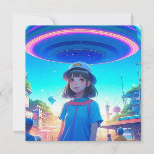 Anime meisje onder een UFO in de stad